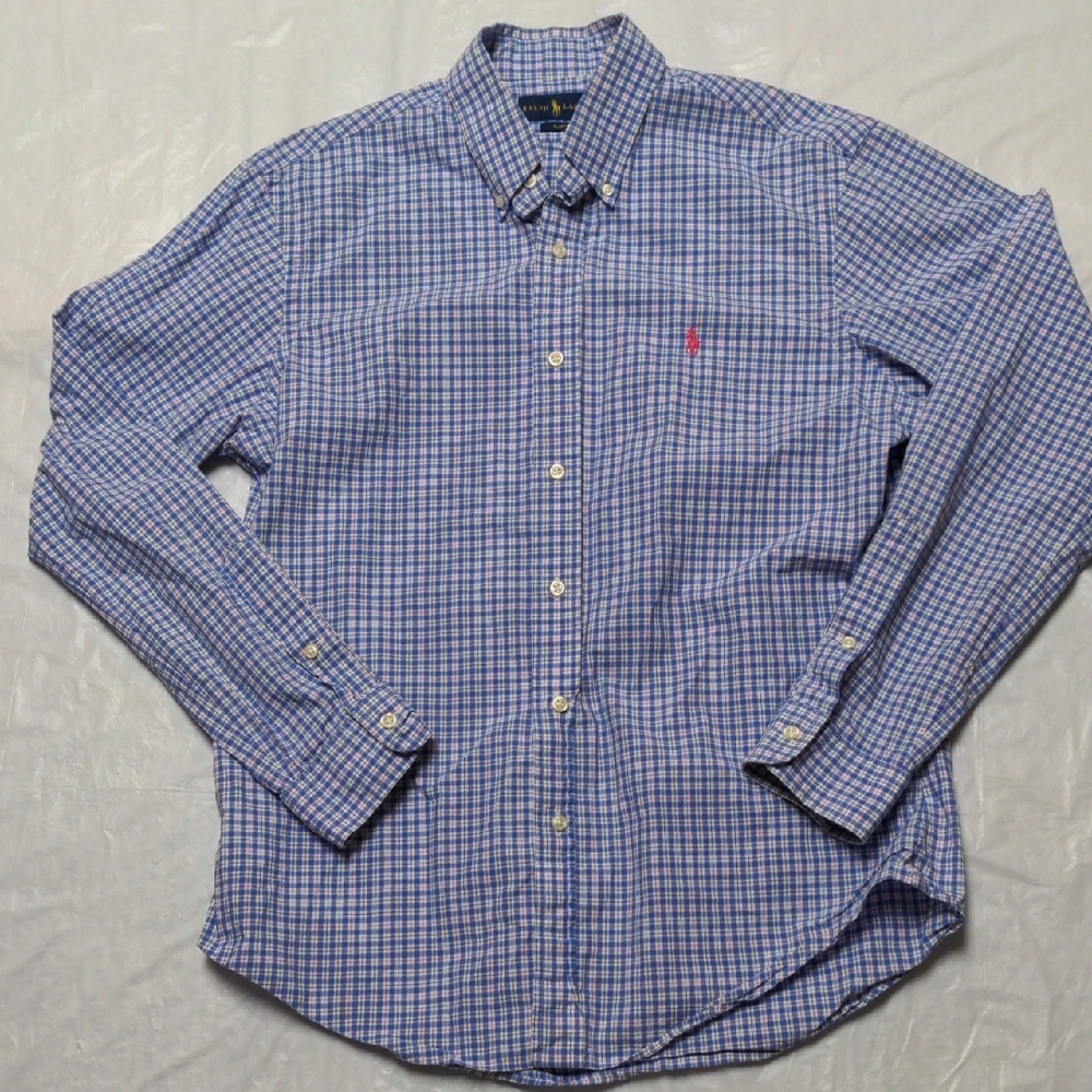 Ralph Lauren Slim Fit Blue Pink Plaid Long Sleeve Button Up Shirt Preppy Sz Lg